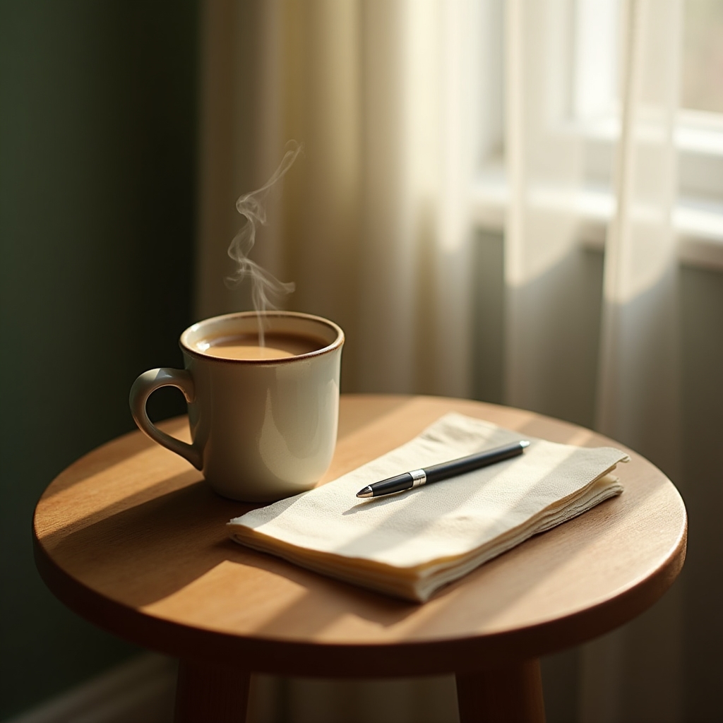 Ruhiger Morgen mit Kaffeetasse und Notizbuch als Symbol für einen entspannten Umgang mit Geldgewohnheiten
